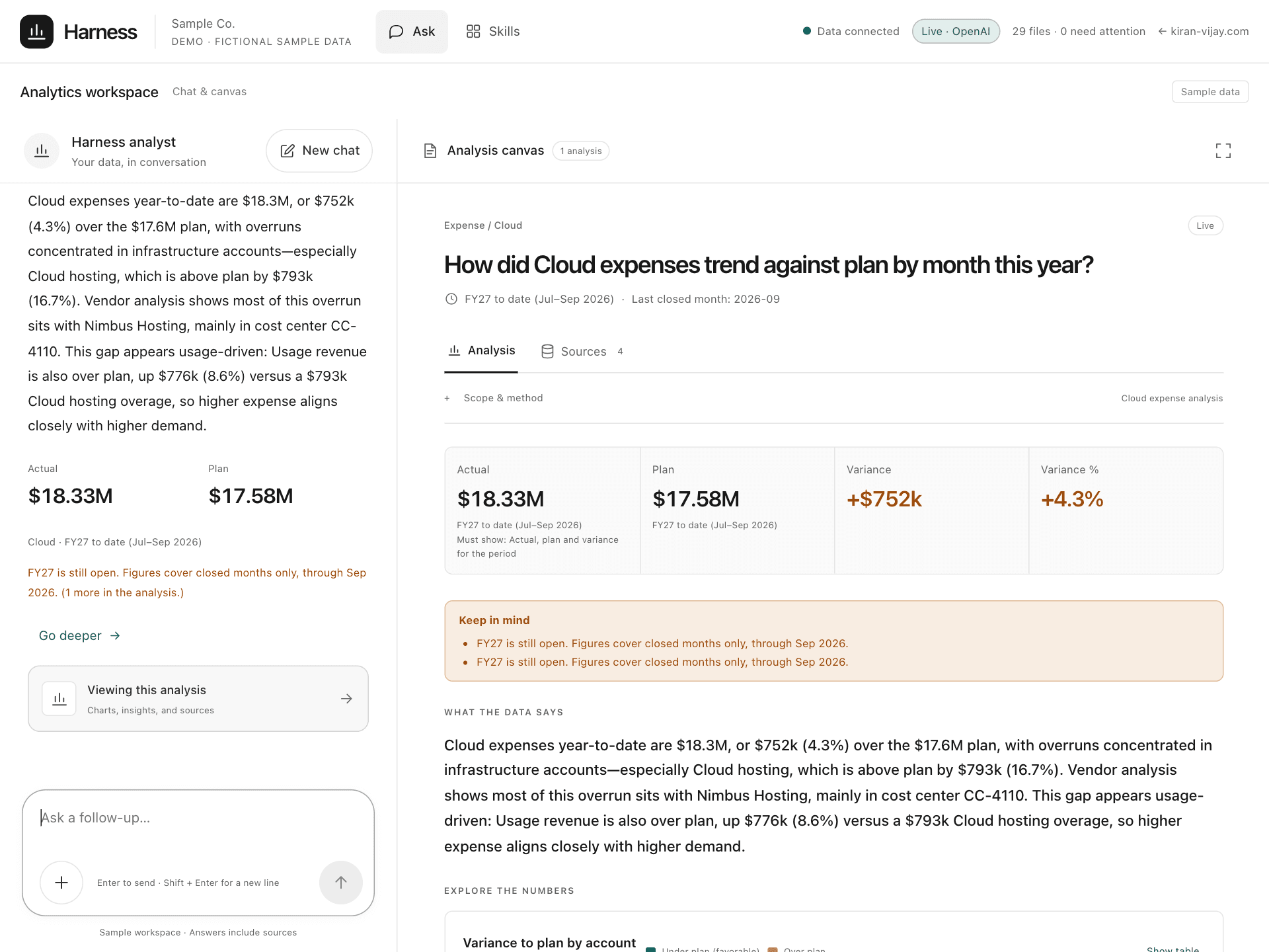 Scout answering a question about expense vs plan, with KPIs, a chart and its sources